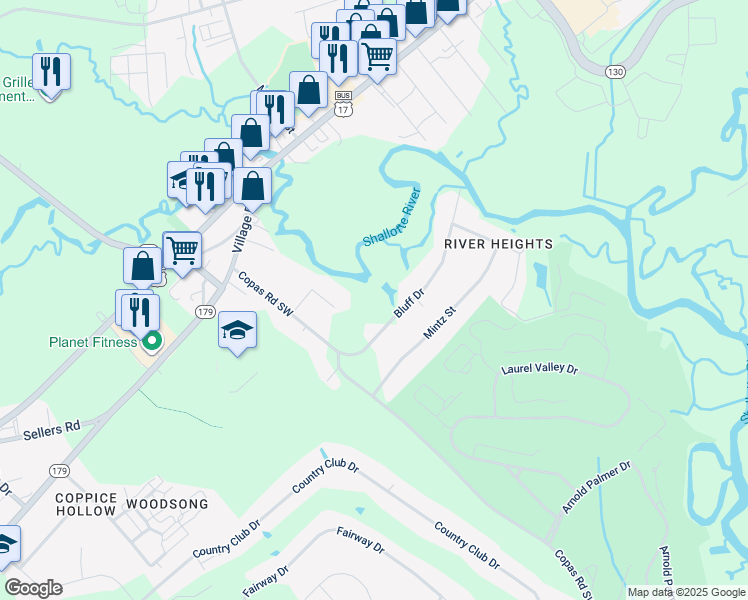 map of restaurants, bars, coffee shops, grocery stores, and more near 4664 Bluff Drive in Shallotte