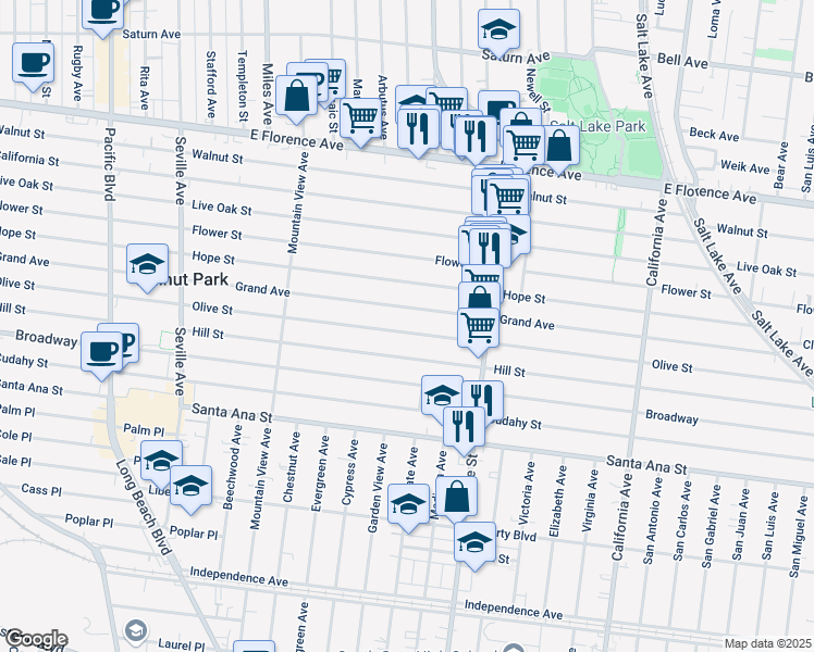 map of restaurants, bars, coffee shops, grocery stores, and more near 3107 Olive Street in Huntington Park