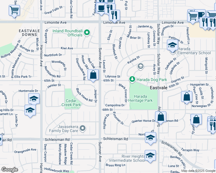 map of restaurants, bars, coffee shops, grocery stores, and more near 6643 Black Forest Drive in Corona