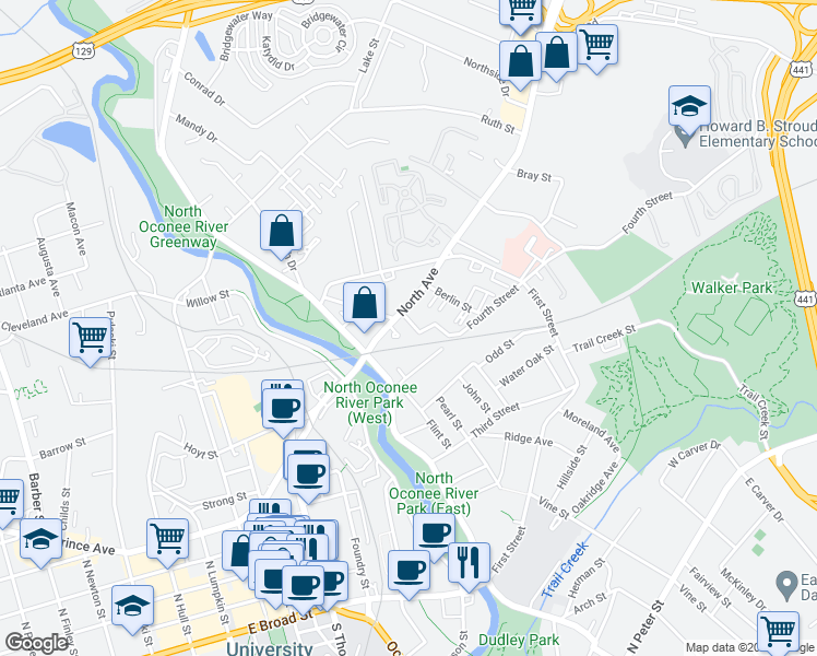 map of restaurants, bars, coffee shops, grocery stores, and more near 120 Fifth Street in Athens
