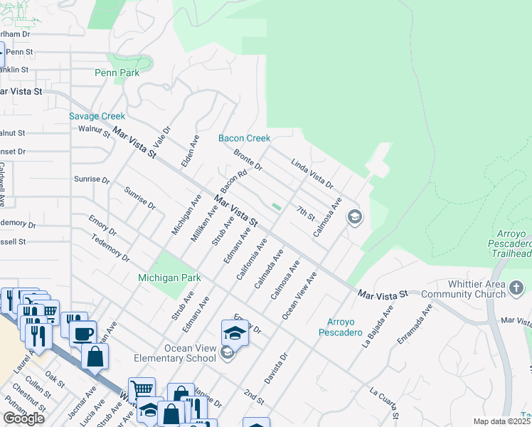 map of restaurants, bars, coffee shops, grocery stores, and more near 14334 Eastridge Drive in Whittier
