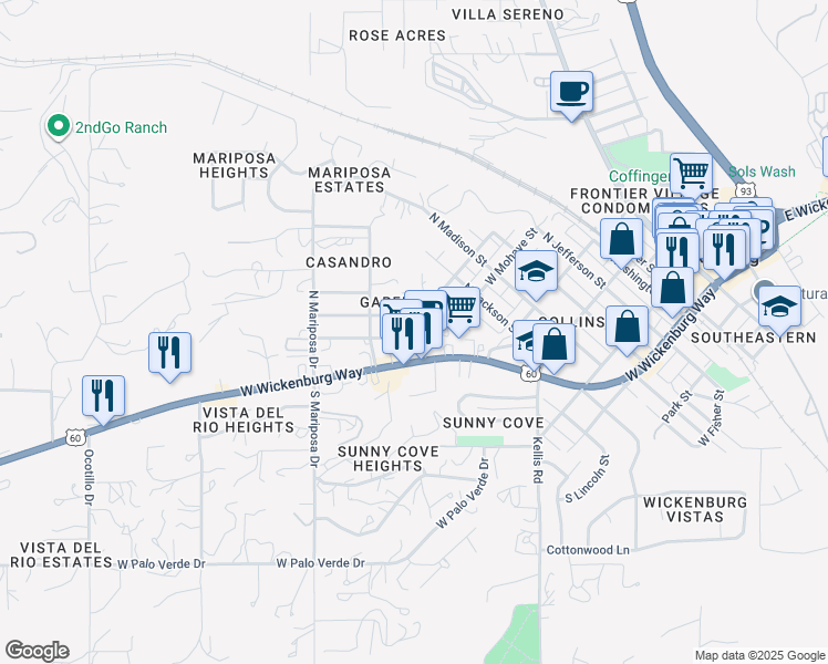 map of restaurants, bars, coffee shops, grocery stores, and more near 618 West El Pajarito Drive in Wickenburg
