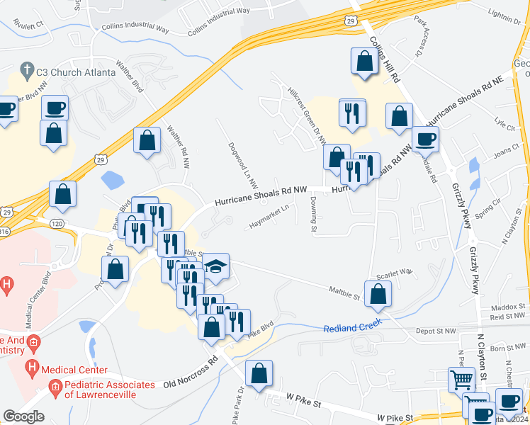 map of restaurants, bars, coffee shops, grocery stores, and more near 305 Haymarket Lane in Lawrenceville