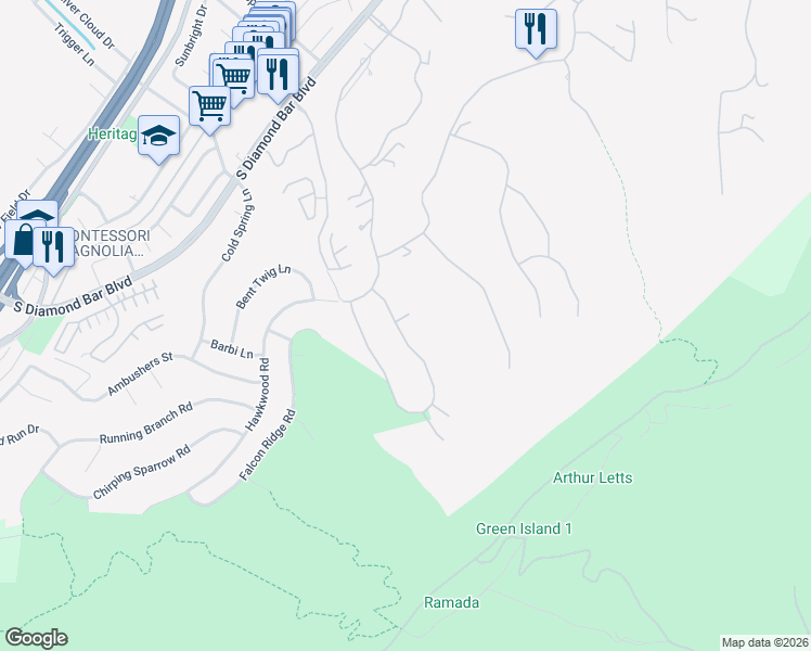 map of restaurants, bars, coffee shops, grocery stores, and more near 21880 Golden Canyon Court in Diamond Bar
