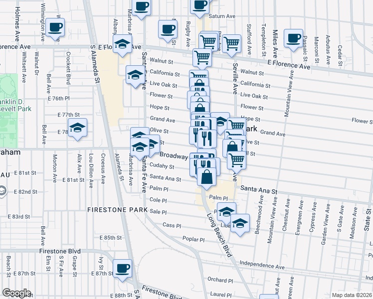 map of restaurants, bars, coffee shops, grocery stores, and more near 2526 Hill Street in Huntington Park