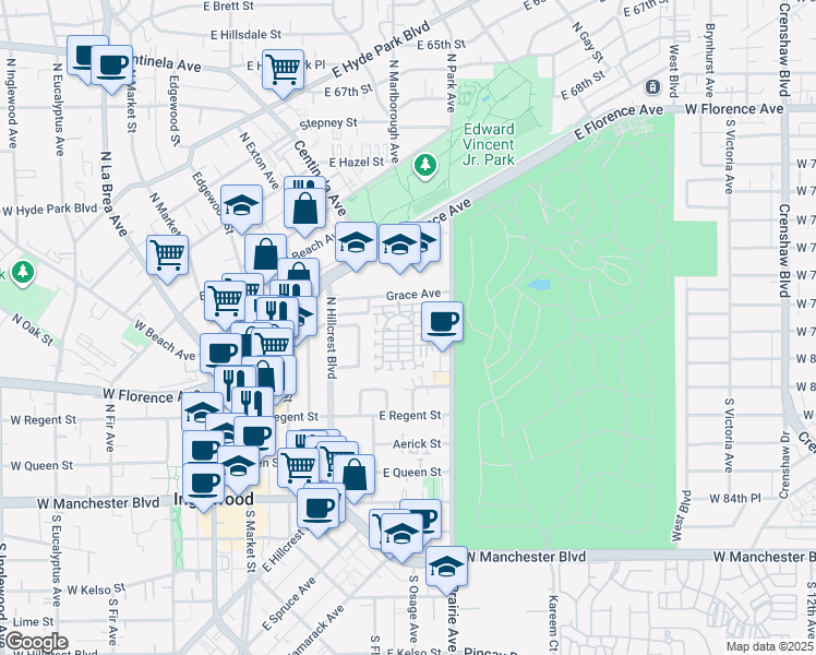 map of restaurants, bars, coffee shops, grocery stores, and more near 757 Daniel Freeman Circle in Inglewood