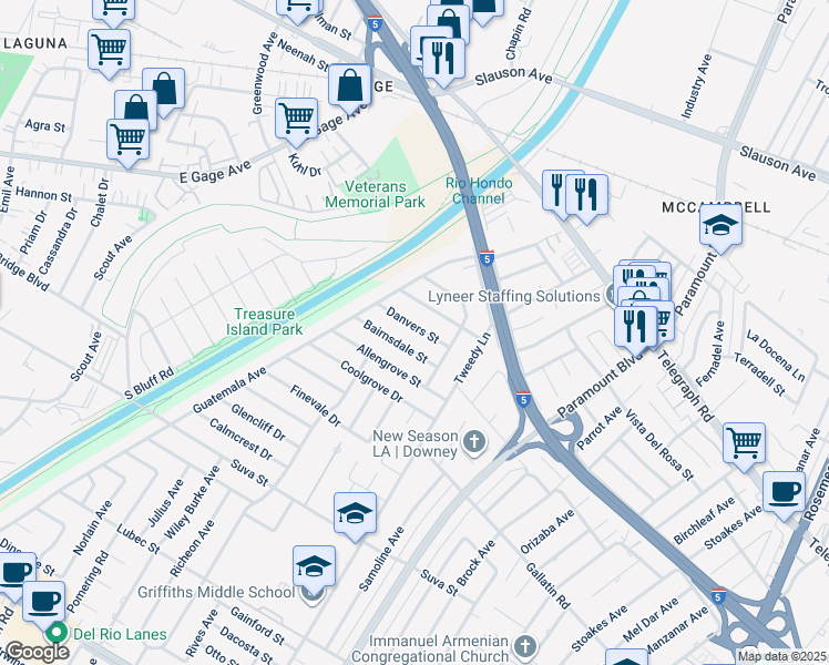 map of restaurants, bars, coffee shops, grocery stores, and more near 7802 Danvers Street in Downey