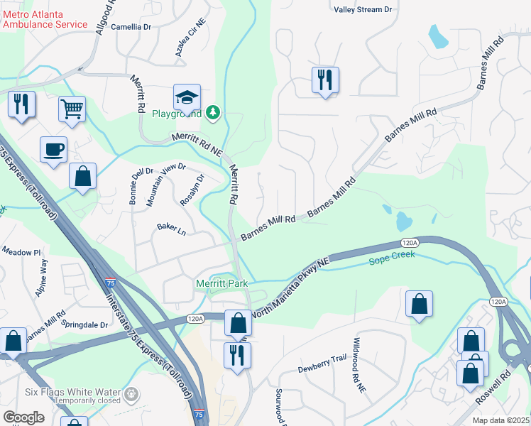 map of restaurants, bars, coffee shops, grocery stores, and more near 648 Anderson Walk in Marietta