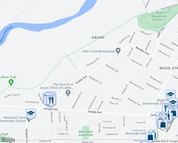 map of restaurants, bars, coffee shops, grocery stores, and more near 5765 Grand Avenue in Riverside