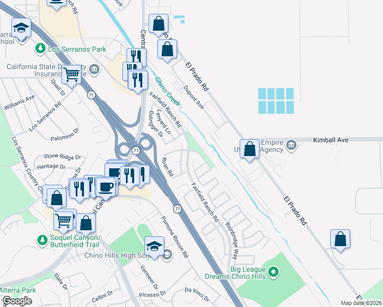 map of restaurants, bars, coffee shops, grocery stores, and more near 15704 Danbury Way in Chino Hills