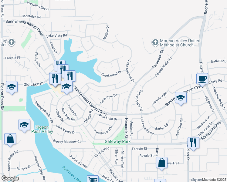 map of restaurants, bars, coffee shops, grocery stores, and more near 23879 Blue Ridge Place in Moreno Valley