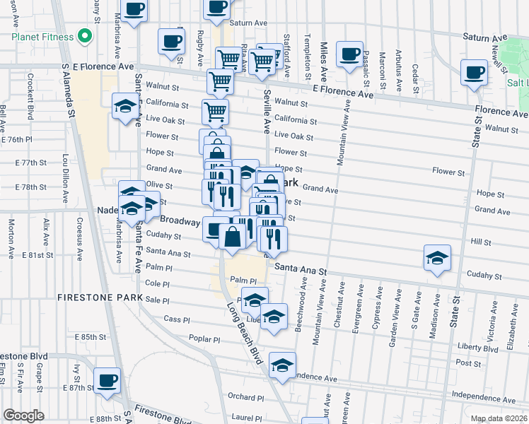 map of restaurants, bars, coffee shops, grocery stores, and more near 7814 Seville Avenue in Walnut Park