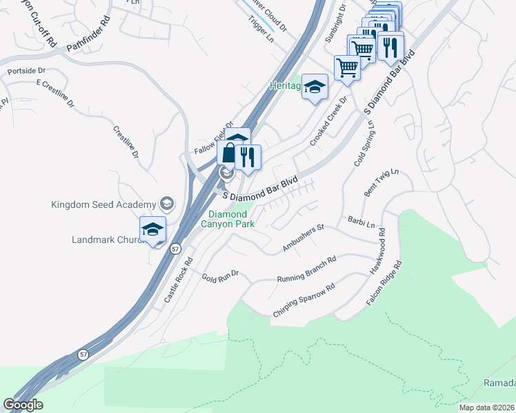map of restaurants, bars, coffee shops, grocery stores, and more near 3173 Marigold Circle in Diamond Bar