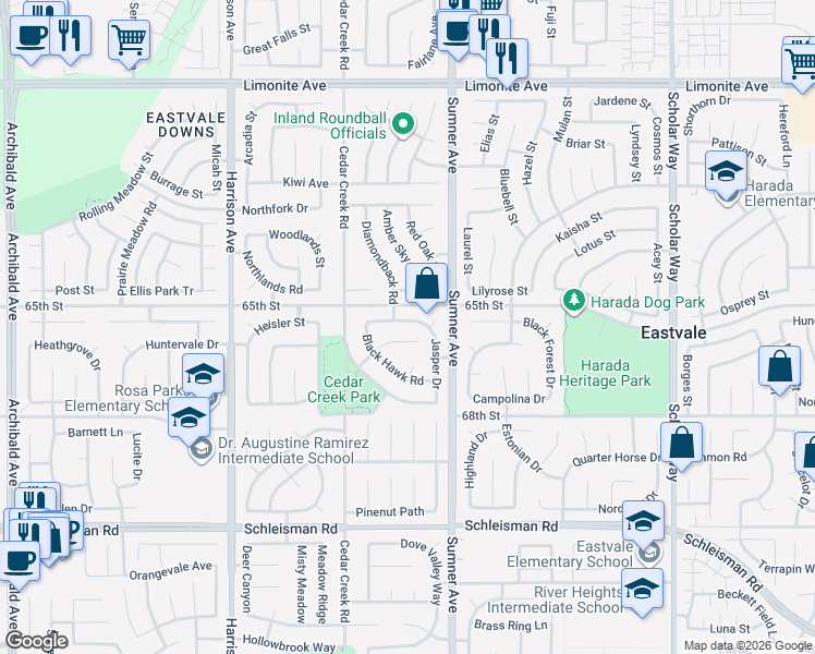 map of restaurants, bars, coffee shops, grocery stores, and more near 13465 Aspen Grove Road in Corona