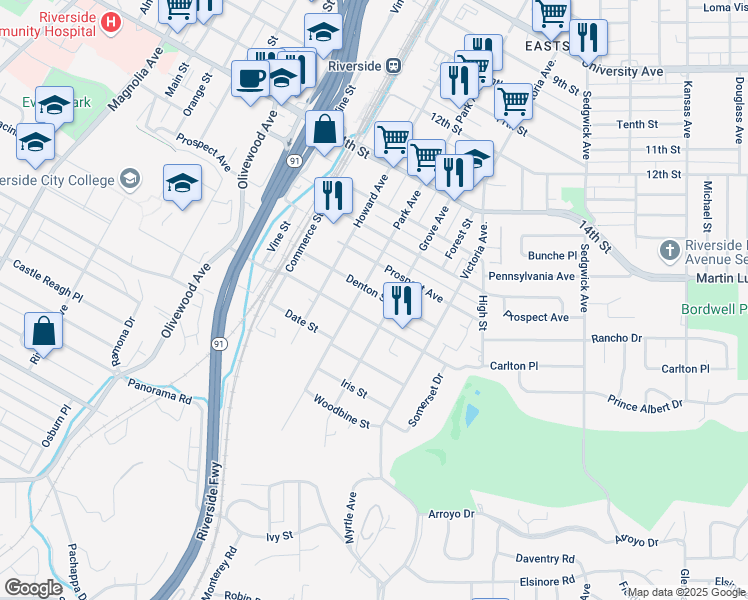 map of restaurants, bars, coffee shops, grocery stores, and more near 2850 Denton Street in Riverside