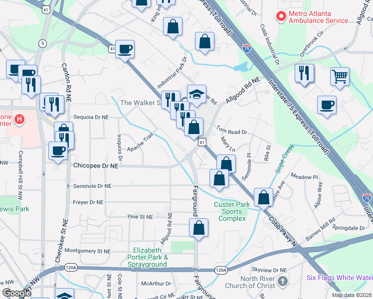 map of restaurants, bars, coffee shops, grocery stores, and more near 658 Kiowa Drive Northeast in Marietta