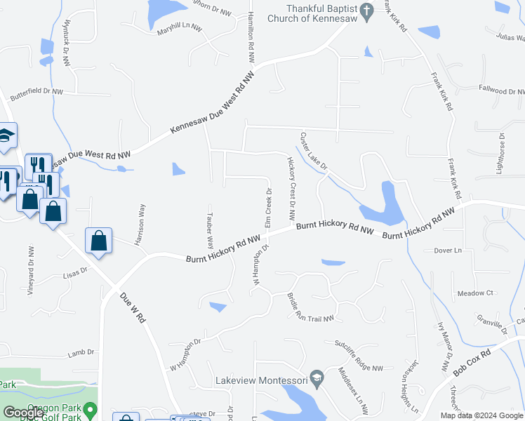 map of restaurants, bars, coffee shops, grocery stores, and more near 3321 Elm Creek Drive in Marietta