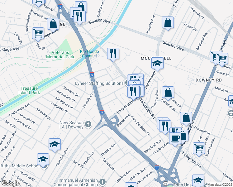 map of restaurants, bars, coffee shops, grocery stores, and more near 8560 Lowman Avenue in Downey