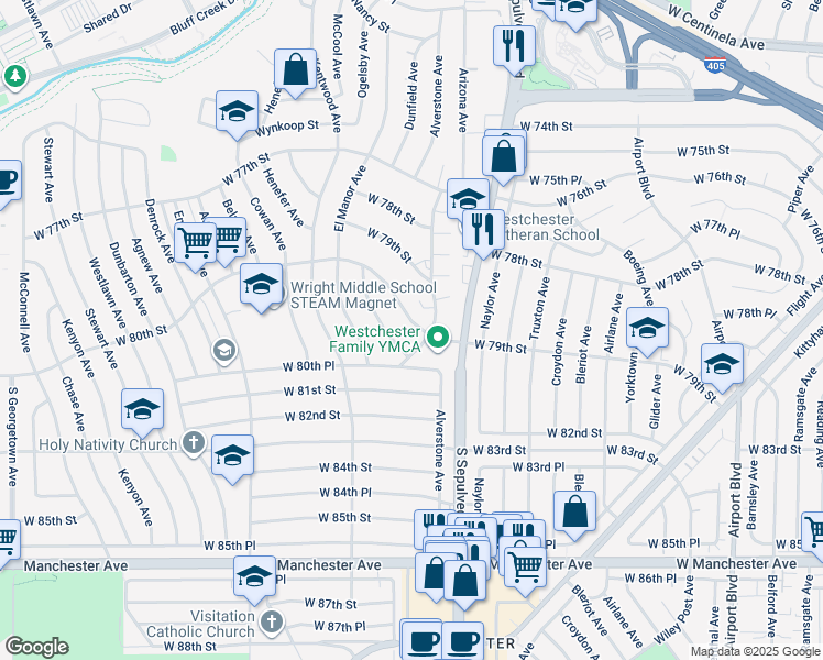 map of restaurants, bars, coffee shops, grocery stores, and more near 6338 West 80th Street in Los Angeles