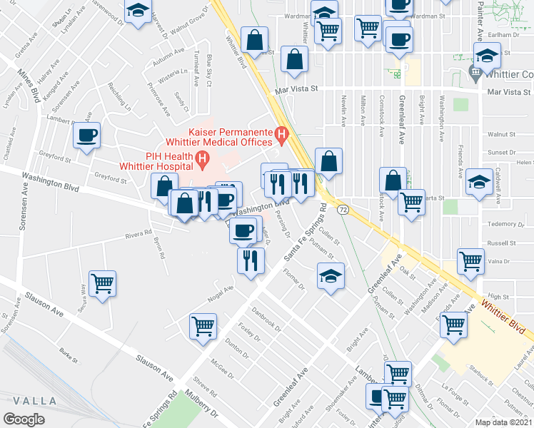 map of restaurants, bars, coffee shops, grocery stores, and more near 12472 Washington Boulevard in Whittier
