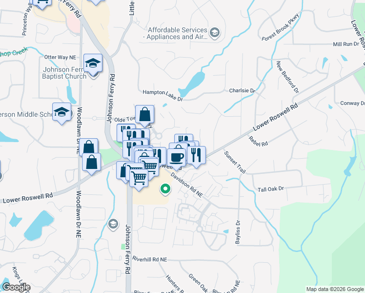 map of restaurants, bars, coffee shops, grocery stores, and more near 4969 Secluded Pines Drive in Marietta