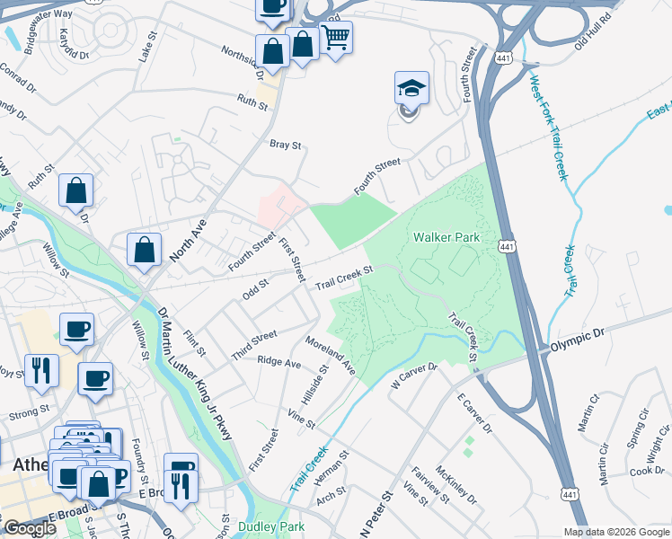 map of restaurants, bars, coffee shops, grocery stores, and more near 149 Trail Creek Street in Athens