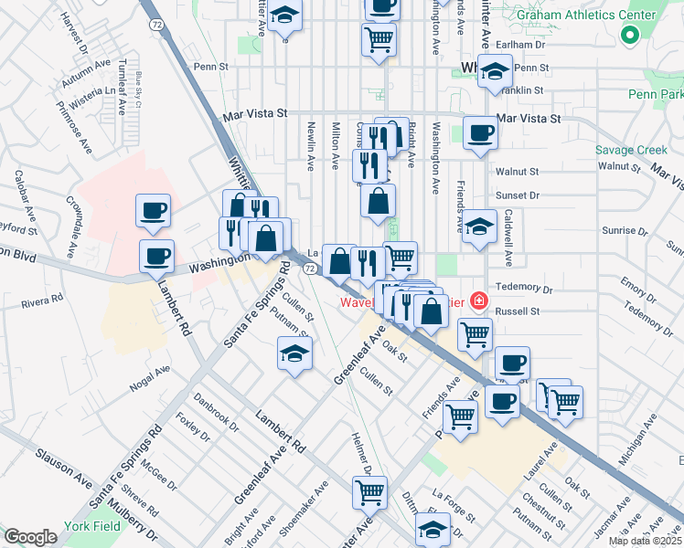 map of restaurants, bars, coffee shops, grocery stores, and more near 15733 Whittier Boulevard in Whittier