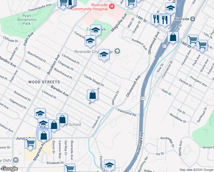 map of restaurants, bars, coffee shops, grocery stores, and more near 3565 Castle Reagh Place in Riverside