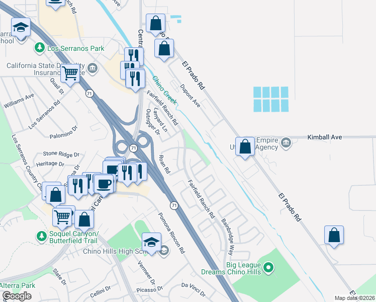 map of restaurants, bars, coffee shops, grocery stores, and more near 15704 Danbury Way in Chino Hills
