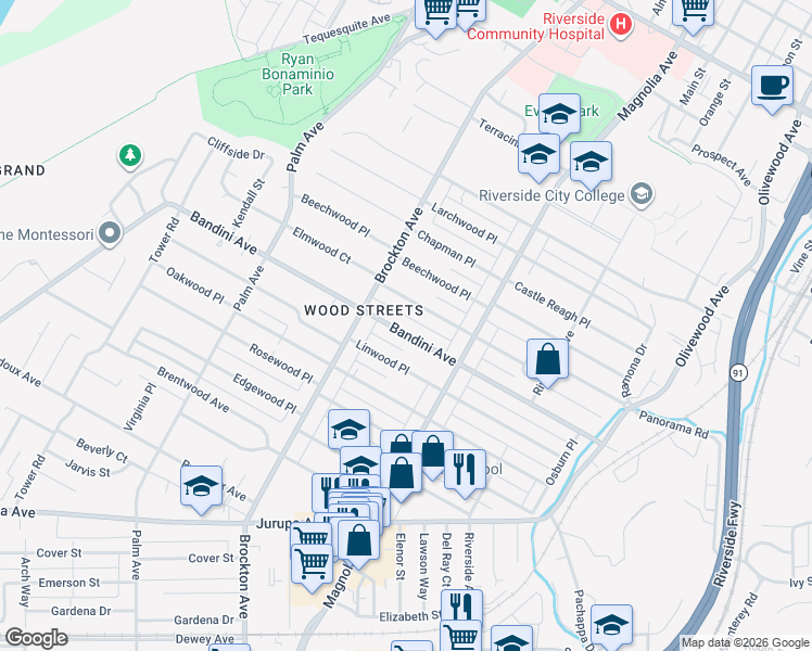 map of restaurants, bars, coffee shops, grocery stores, and more near 3956 Elmwood Court in Riverside