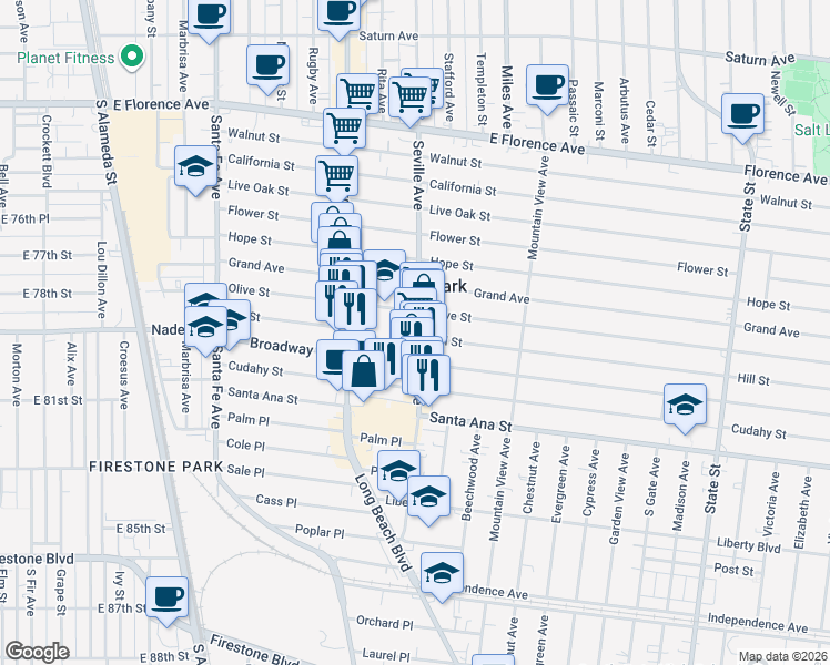 map of restaurants, bars, coffee shops, grocery stores, and more near 7814 Seville Avenue in Walnut Park