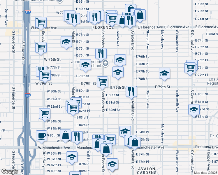 map of restaurants, bars, coffee shops, grocery stores, and more near 307 East 79th Street in Los Angeles
