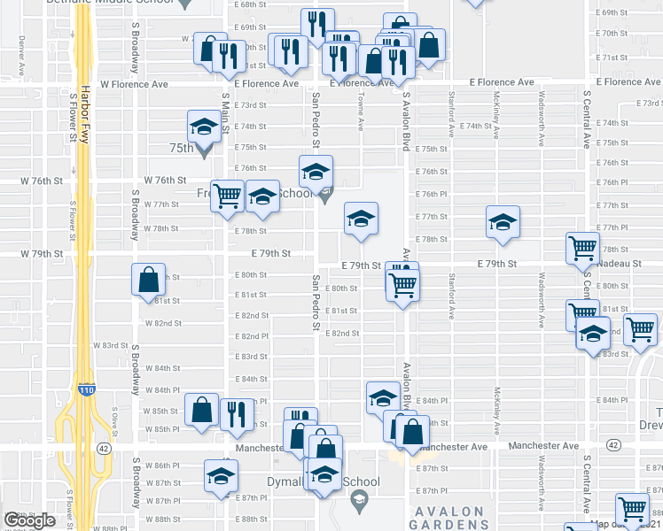 map of restaurants, bars, coffee shops, grocery stores, and more near 307 East 79th Street in Los Angeles