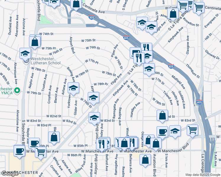 map of restaurants, bars, coffee shops, grocery stores, and more near 7826 Flight Avenue in Los Angeles