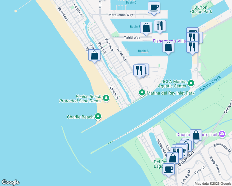 map of restaurants, bars, coffee shops, grocery stores, and more near 30 Voyage Street in Marina del Rey