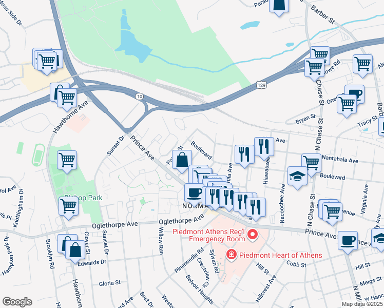 map of restaurants, bars, coffee shops, grocery stores, and more near 275 Boulevard Heights in Athens