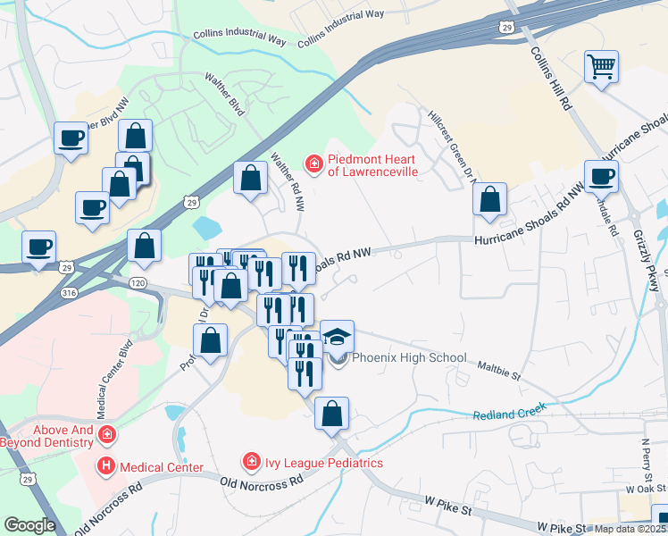 map of restaurants, bars, coffee shops, grocery stores, and more near 523 Hurricane Shoals Road Northwest in Lawrenceville