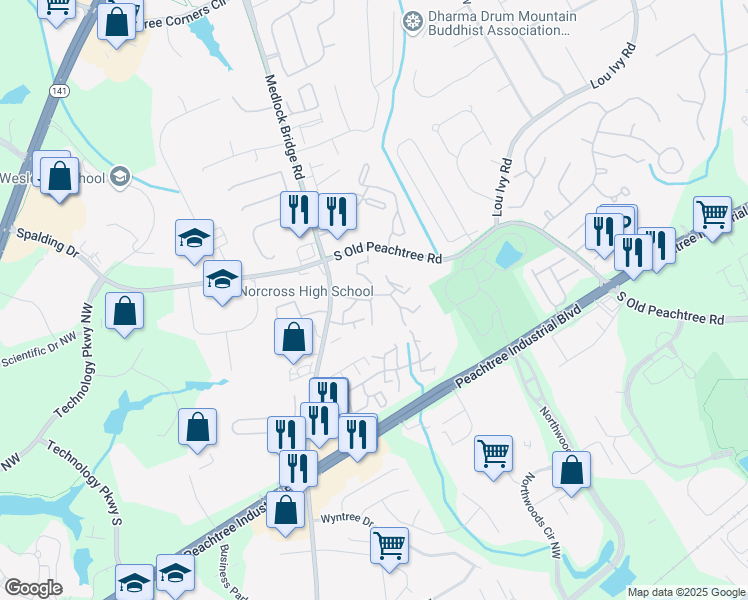 map of restaurants, bars, coffee shops, grocery stores, and more near 5151 Beverly Glen Village Lane in Peachtree Corners