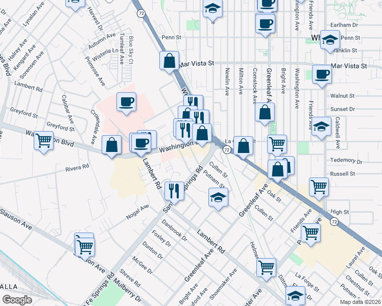 map of restaurants, bars, coffee shops, grocery stores, and more near 12542 Putnam Street in Whittier