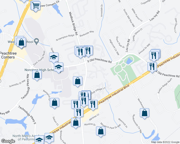 map of restaurants, bars, coffee shops, grocery stores, and more near 5050 Beverly Glen Village Lane in Peachtree Corners