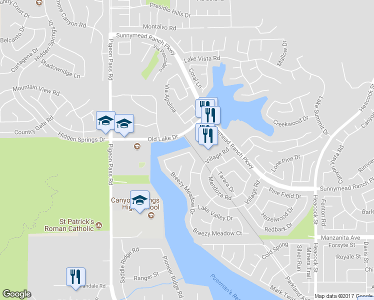 map of restaurants, bars, coffee shops, grocery stores, and more near 23362 Stony Creek Way in Moreno Valley