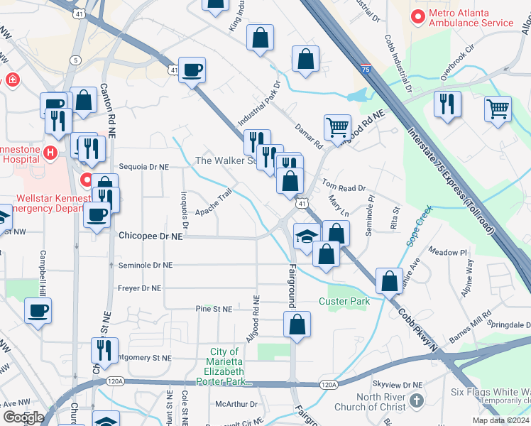 map of restaurants, bars, coffee shops, grocery stores, and more near 671 Kiowa Drive Northeast in Marietta