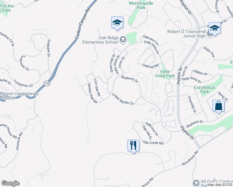 map of restaurants, bars, coffee shops, grocery stores, and more near 2918 Crape Myrtle Circle in Chino Hills