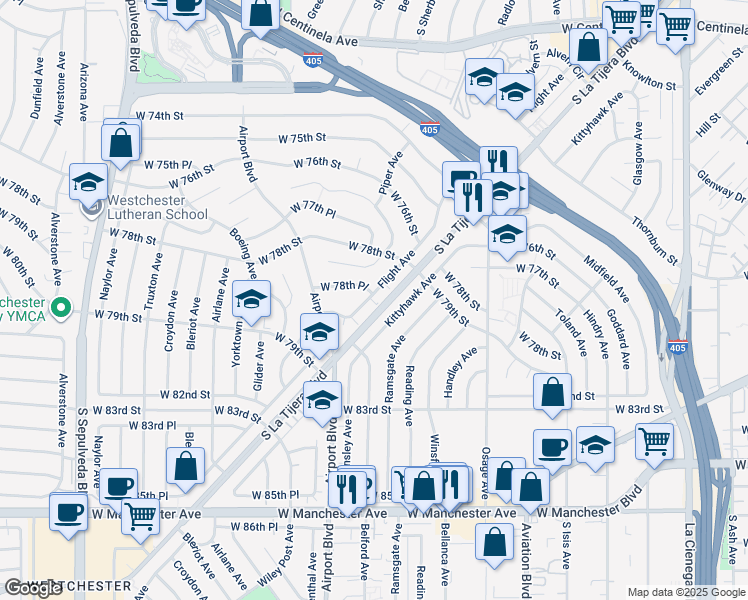 map of restaurants, bars, coffee shops, grocery stores, and more near Flight Avenue in Los Angeles