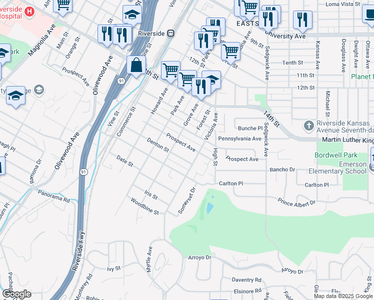 map of restaurants, bars, coffee shops, grocery stores, and more near 2746 Prospect Avenue in Riverside