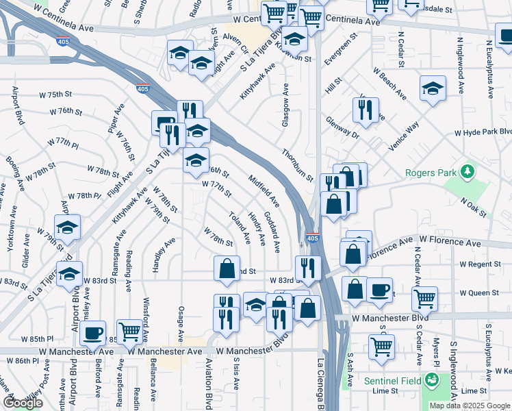 map of restaurants, bars, coffee shops, grocery stores, and more near 7607 Goddard Avenue in Los Angeles