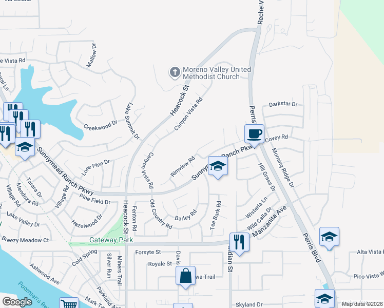 map of restaurants, bars, coffee shops, grocery stores, and more near 24322 Rimview Road in Moreno Valley