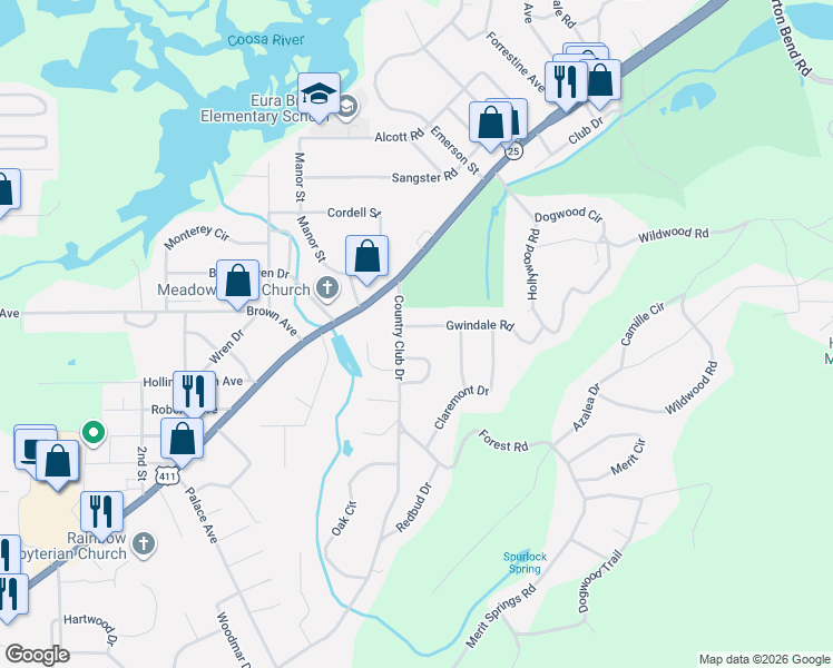 map of restaurants, bars, coffee shops, grocery stores, and more near 107 Gwindale Road in Gadsden