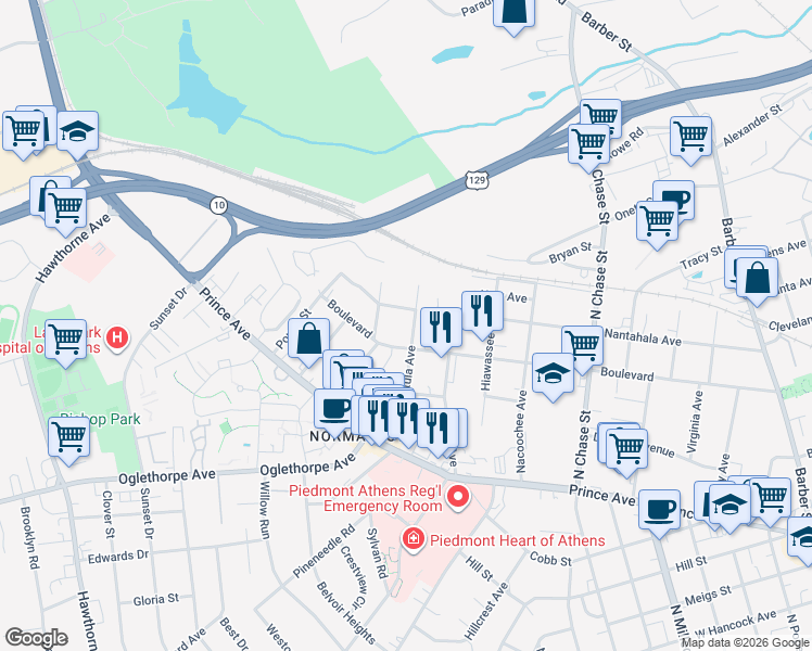 map of restaurants, bars, coffee shops, grocery stores, and more near 493 Satula Avenue in Athens