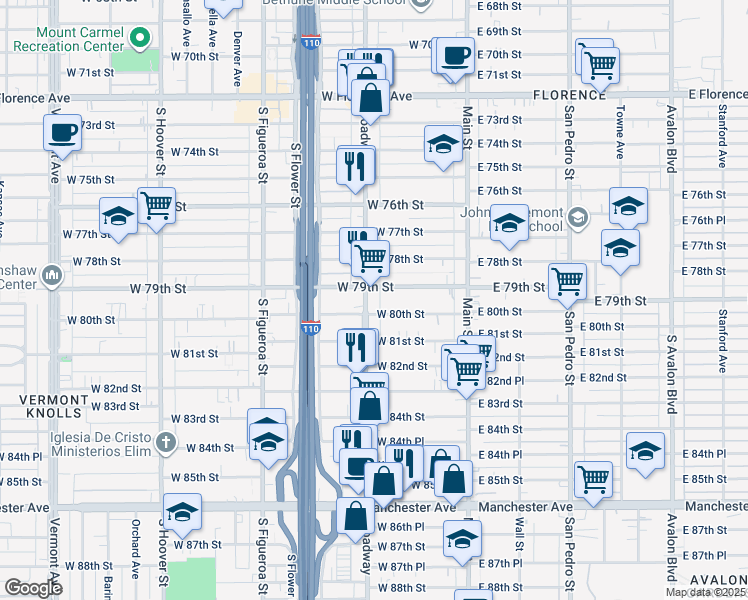 map of restaurants, bars, coffee shops, grocery stores, and more near 7912 South Broadway in Los Angeles